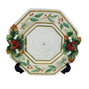Fitz & Floyd Winter Wonderland Handcrafted Octagonal Plate Holly Berries12 in